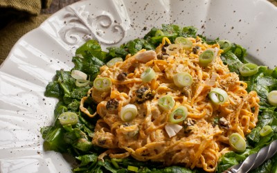 Curried Squash Noodles on Spinach